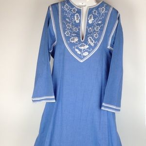 Vtg 70s Handmade Embroidered Boho Chambray Dress